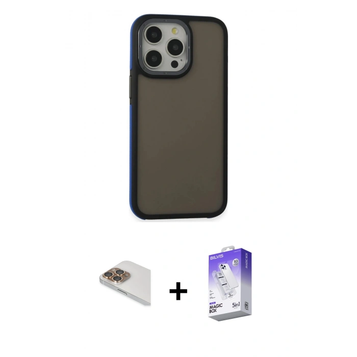 ieg™ iPhone 13 Pro Max Kılıf Eksen Işık - Siyah Bilvis 5in1 3D Magic Cam Ekran Koruyucu + Gold Pers Alüminyum Kamera Lens