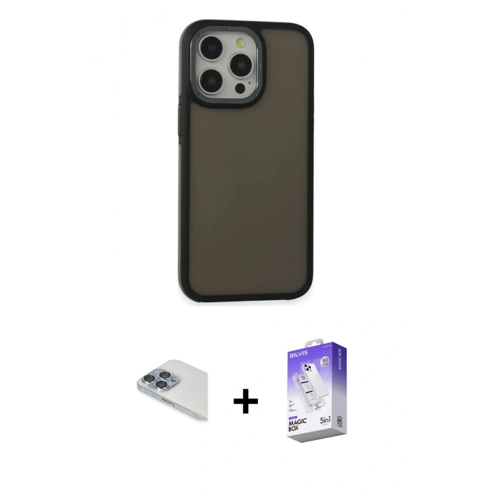 ieg™ iPhone 13 Pro Max Kılıf Eksen Işık - Siyah Bilvis 5in1 3D Magic Cam Ekran Koruyucu + Sierra Blue Pers Alüminyum Kamera Lens