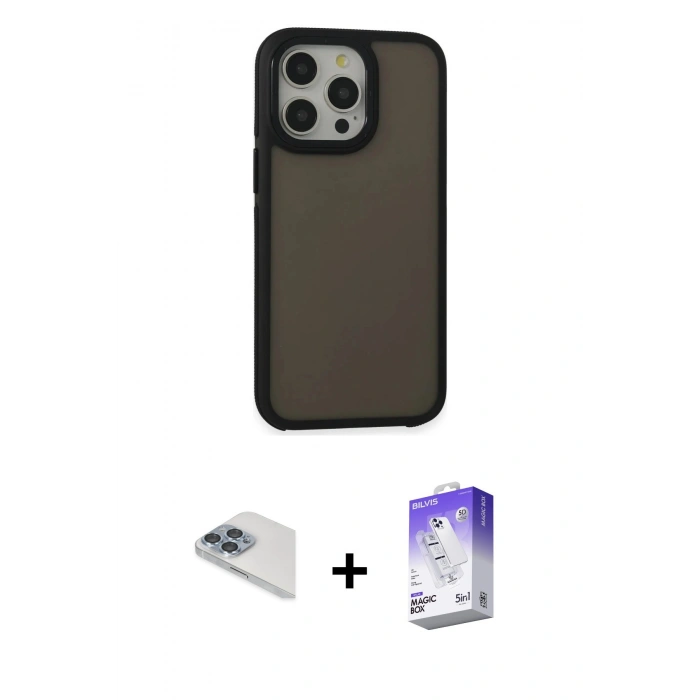 ieg™ iPhone 13 Pro Max Kılıf Eksen Işık - Siyah Bilvis 5in1 3D Magic Cam Ekran Koruyucu + Sierra Blue Pers Alüminyum Kamera Lens