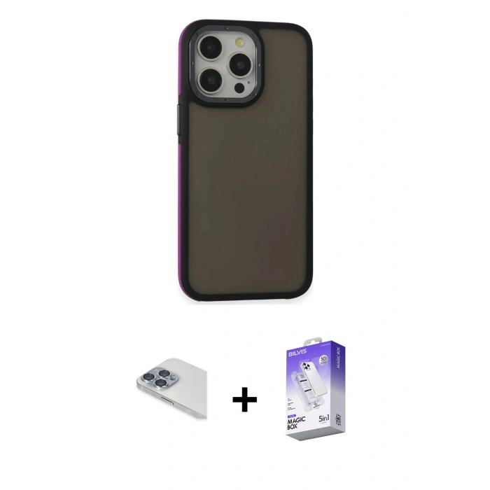 ieg™ iPhone 13 Pro Max Kılıf Eksen Işık - Siyah Bilvis 5in1 3D Magic Cam Ekran Koruyucu + Sierra Blue Pers Alüminyum Kamera Lens
