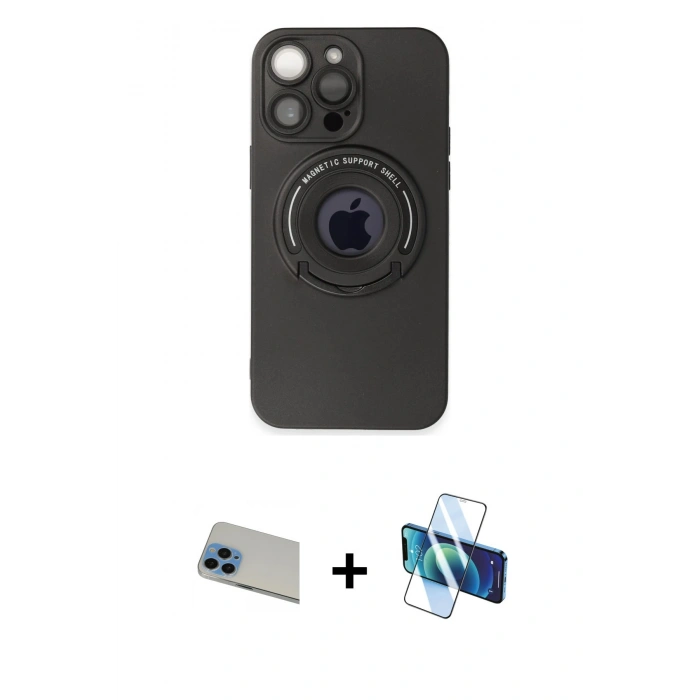 ieg™ iPhone 13 Pro Max Kılıf Eksen Klasik Prime - Siyah 3D Antistatik Cam Ekran Koruyucu + Mavi Rainbow Kamera Lens Koruma Cam