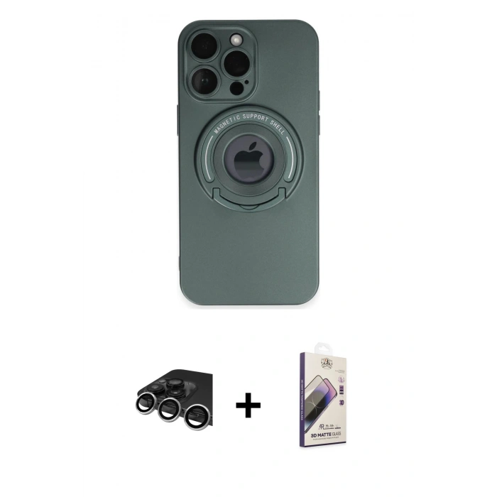 ieg™ iPhone 13 Pro Max Kılıf Eksen Klasik Prime - Siyah Bilvis 3D Mat Cam Ekran Koruyucu + Gümüş Raze Metal Kamera Lens