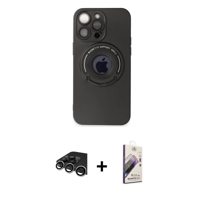 ieg™ iPhone 13 Pro Max Kılıf Eksen Klasik Prime - Siyah Bilvis 3D Mat Cam Ekran Koruyucu + Gümüş Raze Metal Kamera Lens