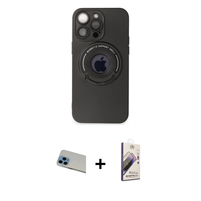 ieg™ iPhone 13 Pro Max Kılıf Eksen Klasik Prime - Siyah Bilvis 3D Mat Cam Ekran Koruyucu + Mavi Rainbow Kamera Lens Koruma Cam