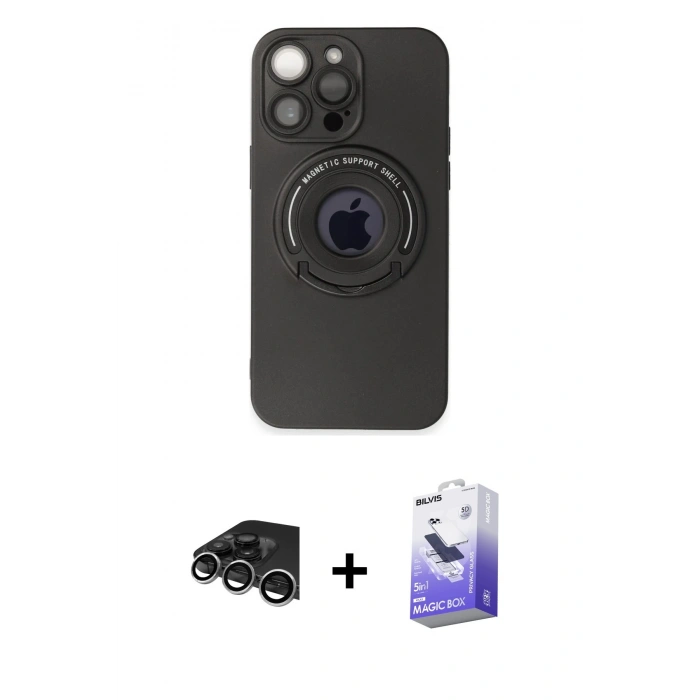 ieg™ iPhone 13 Pro Max Kılıf Eksen Klasik Prime - Siyah Bilvis 5in1 5D Magic Hayalet Cam Ekran Koruyucu + Gümüş Raze Metal Kamera Lens