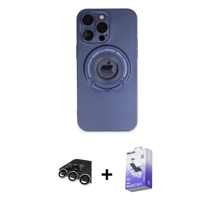 ieg™ iPhone 13 Pro Max Kılıf Eksen Klasik Prime - Siyah Bilvis 5in1 5D Magic Hayalet Cam Ekran Koruyucu + Gümüş Raze Metal Kamera Lens