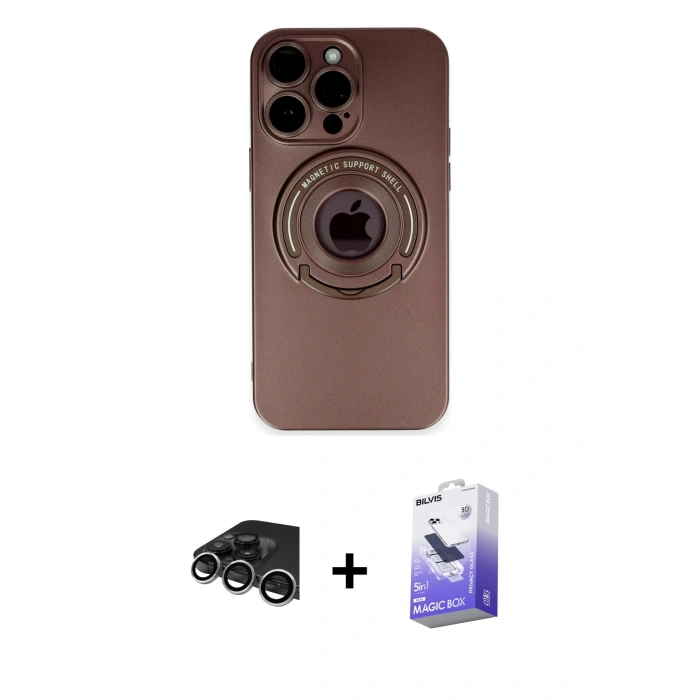 ieg™ iPhone 13 Pro Max Kılıf Eksen Klasik Prime - Siyah Bilvis 5in1 5D Magic Hayalet Cam Ekran Koruyucu + Gümüş Raze Metal Kamera Lens