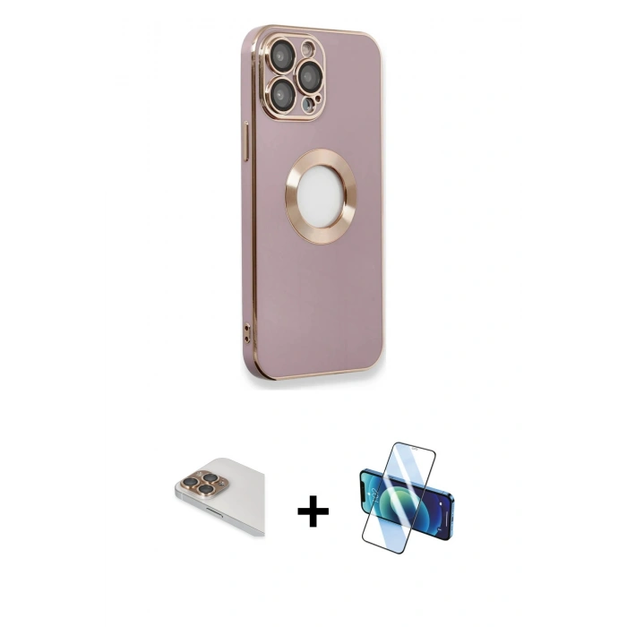 ieg™ iPhone 13 Pro Max Kılıf İz Form Serisi - Siyah 3D Antistatik Cam Ekran Koruyucu + Gold Pers Alüminyum Kamera Lens