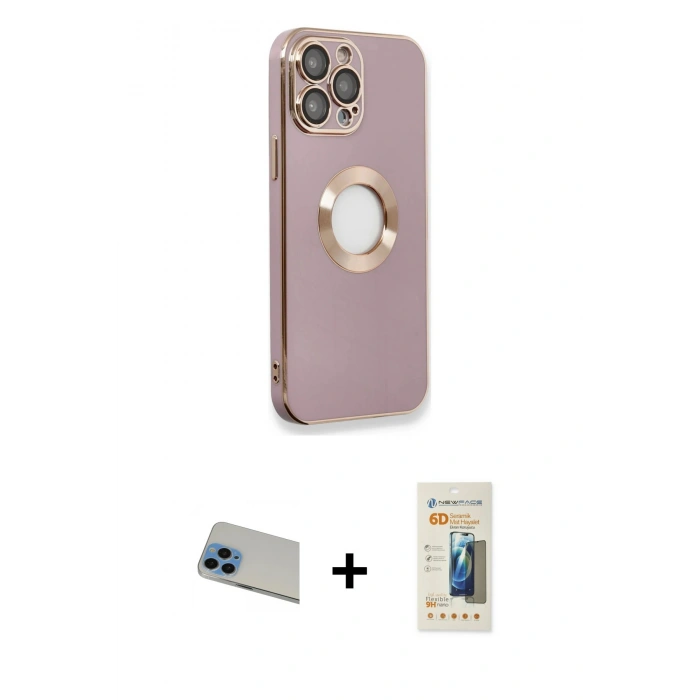 ieg™ iPhone 13 Pro Max Kılıf İz Form Serisi - Siyah 6D Mat Seramik Hayalet Nano Ekran Koruyucu + Mavi Rainbow Kamera Lens Koruma Cam