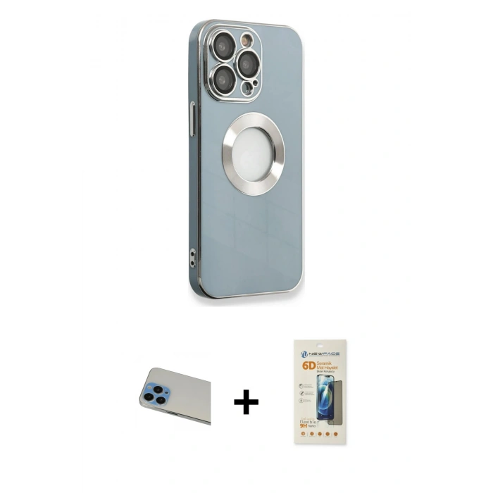 ieg™ iPhone 13 Pro Max Kılıf İz Form Serisi - Siyah 6D Mat Seramik Hayalet Nano Ekran Koruyucu + Mavi Rainbow Kamera Lens Koruma Cam