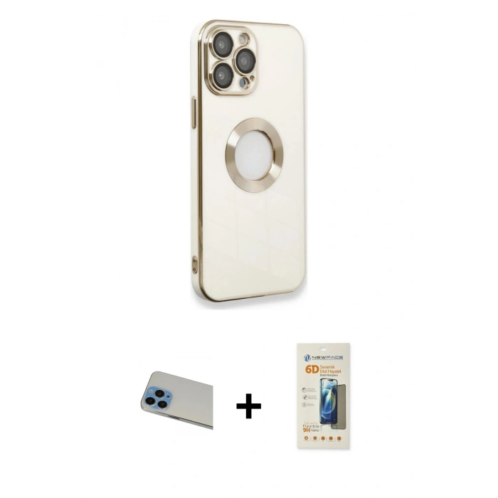 ieg™ iPhone 13 Pro Max Kılıf İz Form Serisi - Siyah 6D Mat Seramik Hayalet Nano Ekran Koruyucu + Mavi Rainbow Kamera Lens Koruma Cam