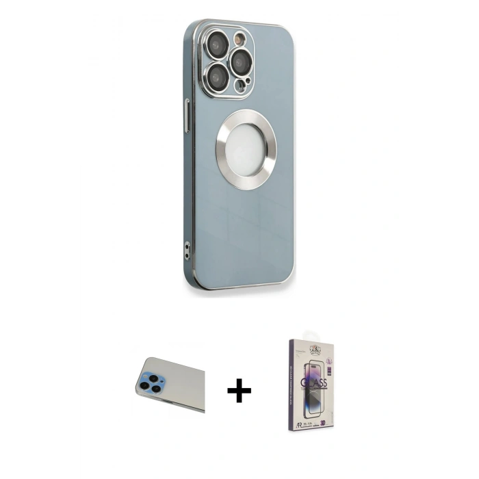 ieg™ iPhone 13 Pro Max Kılıf İz Form Serisi - Siyah Bilvis 3D Cam Ekran Koruyucu + Mavi Rainbow Kamera Lens Koruma Cam