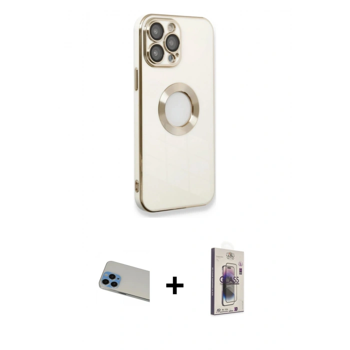 ieg™ iPhone 13 Pro Max Kılıf İz Form Serisi - Siyah Bilvis 3D Cam Ekran Koruyucu + Mavi Rainbow Kamera Lens Koruma Cam