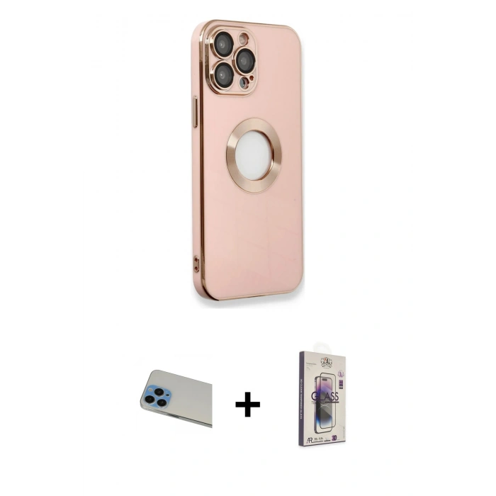 ieg™ iPhone 13 Pro Max Kılıf İz Form Serisi - Siyah Bilvis 3D Cam Ekran Koruyucu + Mavi Rainbow Kamera Lens Koruma Cam