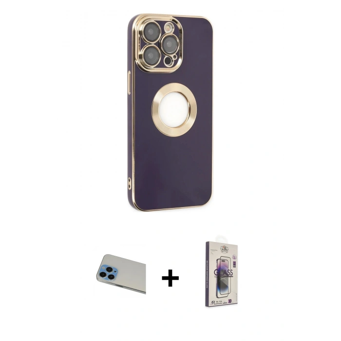 ieg™ iPhone 13 Pro Max Kılıf İz Form Serisi - Siyah Bilvis 3D Cam Ekran Koruyucu + Mavi Rainbow Kamera Lens Koruma Cam