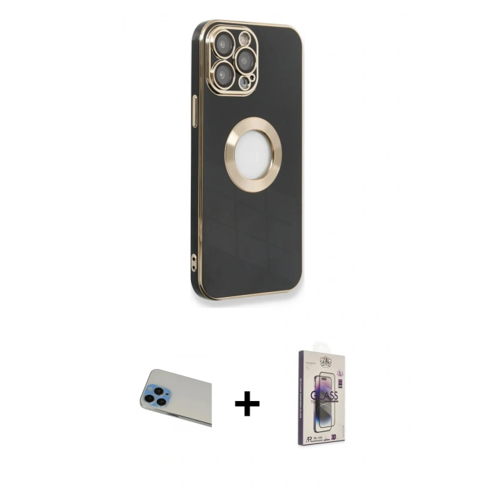 ieg™ iPhone 13 Pro Max Kılıf İz Form Serisi - Siyah Bilvis 3D Cam Ekran Koruyucu + Mavi Rainbow Kamera Lens Koruma Cam
