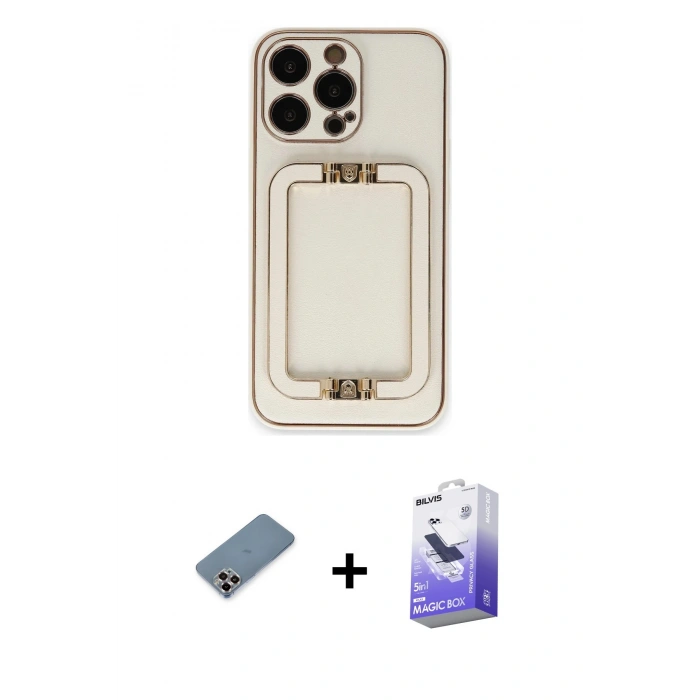 ieg™ iPhone 13 Pro Max Kılıf Kozmos Minimal Prime - Siyah Bilvis 5in1 5D Magic Hayalet Cam Ekran Koruyucu + Mor Metal Kamera Lens Koruma Cam