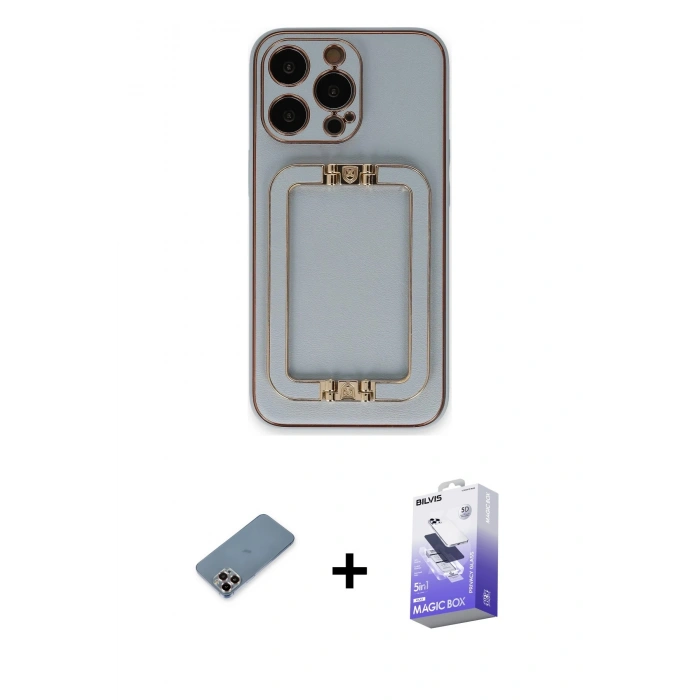 ieg™ iPhone 13 Pro Max Kılıf Kozmos Minimal Prime - Siyah Bilvis 5in1 5D Magic Hayalet Cam Ekran Koruyucu + Mor Metal Kamera Lens Koruma Cam