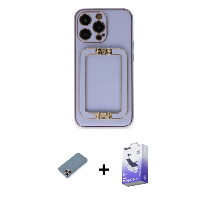 ieg™ iPhone 13 Pro Max Kılıf Kozmos Minimal Prime - Siyah Bilvis 5in1 5D Magic Hayalet Cam Ekran Koruyucu + Mor Metal Kamera Lens Koruma Cam