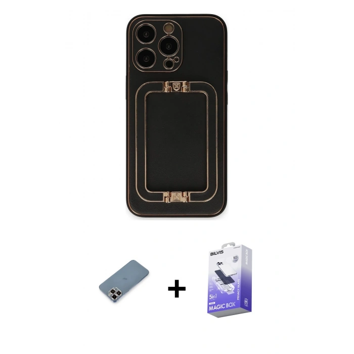 ieg™ iPhone 13 Pro Max Kılıf Kozmos Minimal Prime - Siyah Bilvis 5in1 5D Magic Hayalet Cam Ekran Koruyucu + Mor Metal Kamera Lens Koruma Cam