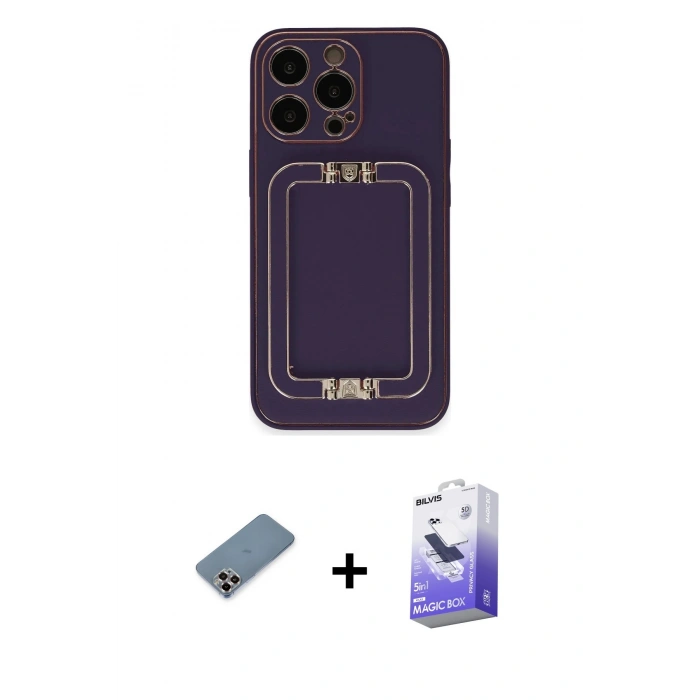 ieg™ iPhone 13 Pro Max Kılıf Kozmos Minimal Prime - Siyah Bilvis 5in1 5D Magic Hayalet Cam Ekran Koruyucu + Mor Metal Kamera Lens Koruma Cam