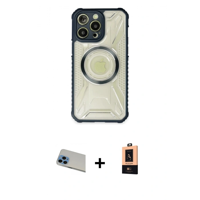 ieg™ iPhone 13 Pro Max Kılıf Kutup Modern - Şeffaf Maxco Cam Ekran Koruyucu + Mavi Rainbow Kamera Lens Koruma Cam