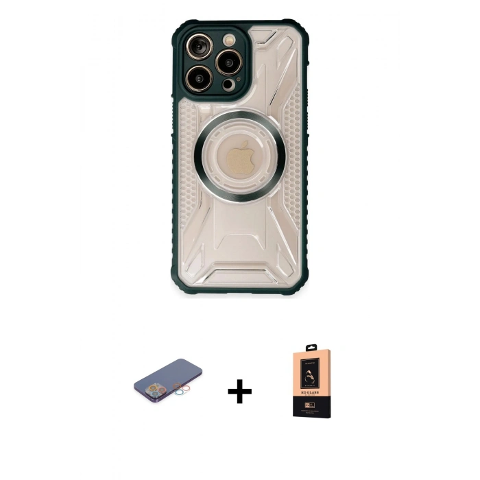 ieg™ iPhone 13 Pro Max Kılıf Kutup Modern - Şeffaf Maxco Cam Ekran Koruyucu + Pembe Renkli Kamera Lens Koruma Cam