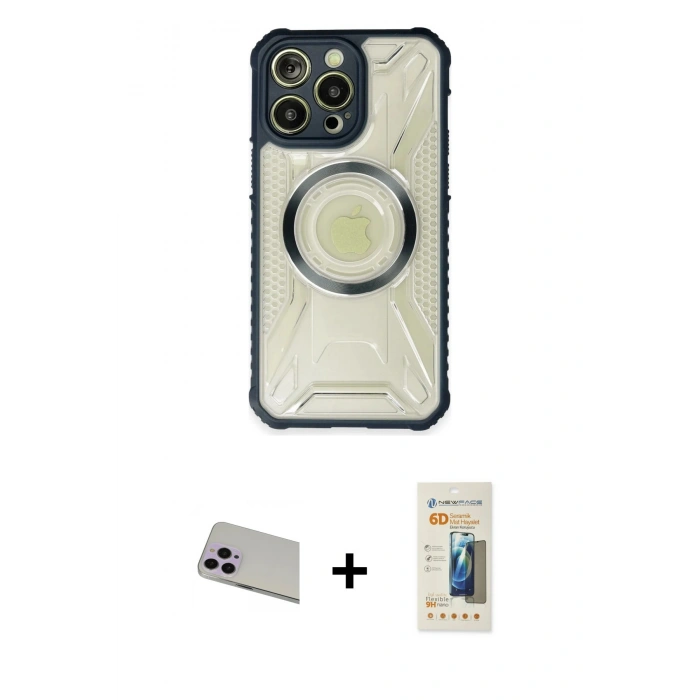 ieg™ iPhone 13 Pro Max Kılıf Kutup Modern - Siyah 6D Mat Seramik Hayalet Nano Ekran Koruyucu + Mor Rainbow Kamera Lens Koruma Cam