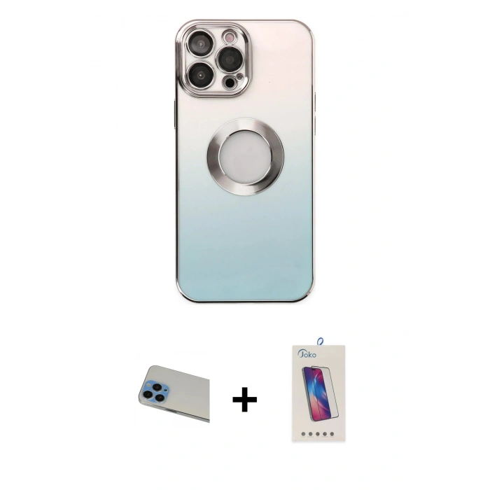 ieg™ iPhone 13 Pro Max Kılıf Kutup Yansıma Özel Seri - Siyah Joko 5D Cam + Mavi Rainbow Kamera Lens Koruma Cam