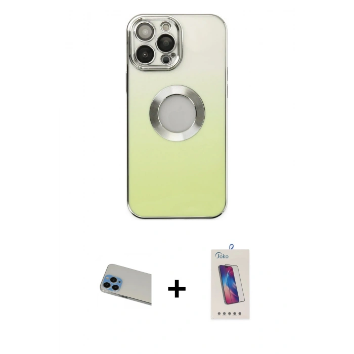 ieg™ iPhone 13 Pro Max Kılıf Kutup Yansıma Özel Seri - Siyah Joko 5D Cam + Mavi Rainbow Kamera Lens Koruma Cam