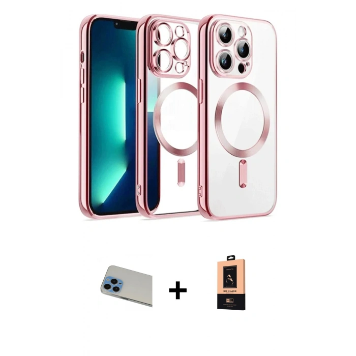 ieg™ iPhone 13 Pro Max Kılıf Nova Işık Özel Seri - Şeffaf Maxco Cam Ekran Koruyucu + Mavi Rainbow Kamera Lens Koruma Cam