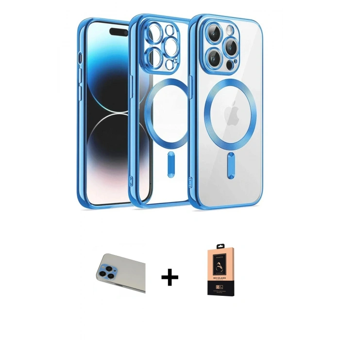 ieg™ iPhone 13 Pro Max Kılıf Nova Işık Özel Seri - Şeffaf Maxco Cam Ekran Koruyucu + Mavi Rainbow Kamera Lens Koruma Cam