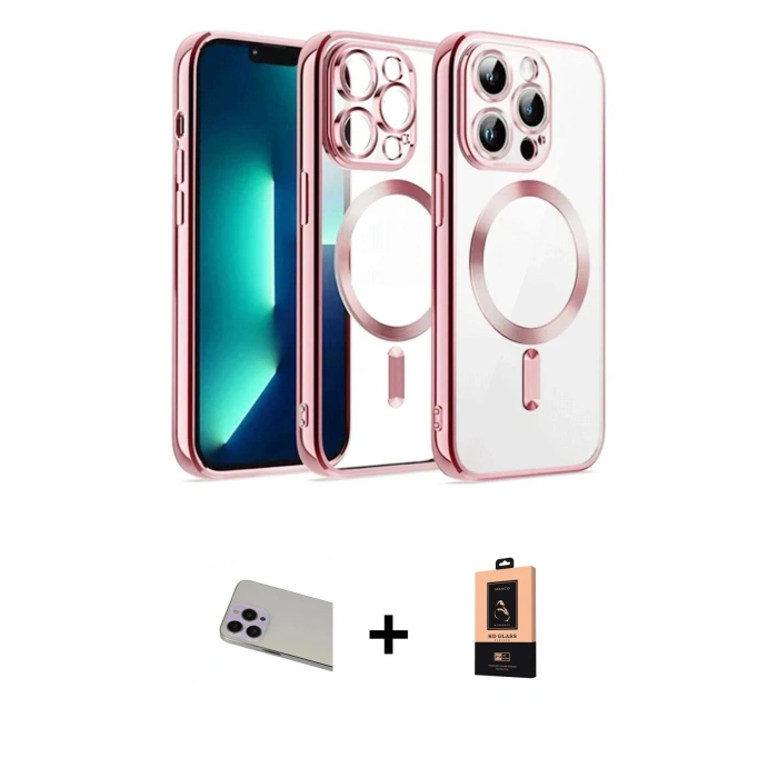 ieg™ iPhone 13 Pro Max Kılıf Nova Işık Özel Seri - Şeffaf Maxco Cam Ekran Koruyucu + Mor Rainbow Kamera Lens Koruma Cam