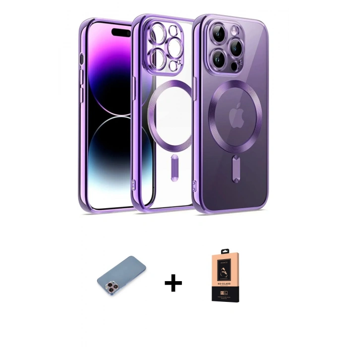 ieg™ iPhone 13 Pro Max Kılıf Nova Işık Özel Seri - Şeffaf Maxco Cam Ekran Koruyucu + Pembe Shine Kamera Lens Koruma Cam
