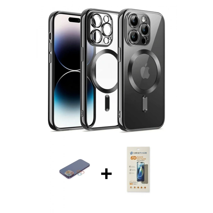 ieg™ iPhone 13 Pro Max Kılıf Nova Işık Özel Seri - Siyah 6D Mat Seramik Hayalet Nano Ekran Koruyucu + Pembe Renkli Kamera Lens Koruma Cam