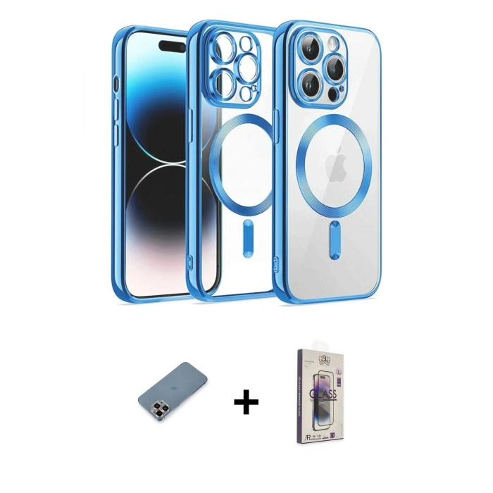 ieg™ iPhone 13 Pro Max Kılıf Nova Işık Özel Seri - Siyah Bilvis 3D Cam Ekran Koruyucu + Mor Metal Kamera Lens Koruma Cam