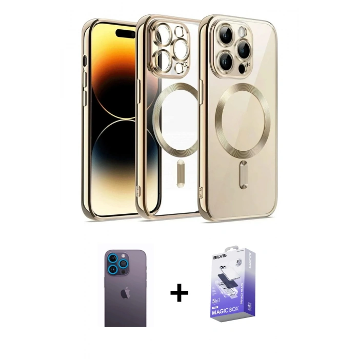 ieg™ iPhone 13 Pro Max Kılıf Nova Işık Özel Seri - Siyah Bilvis 5in1 5D Magic Hayalet Cam Ekran Koruyucu + Mavi Neon Fosforlu Kamera Lens