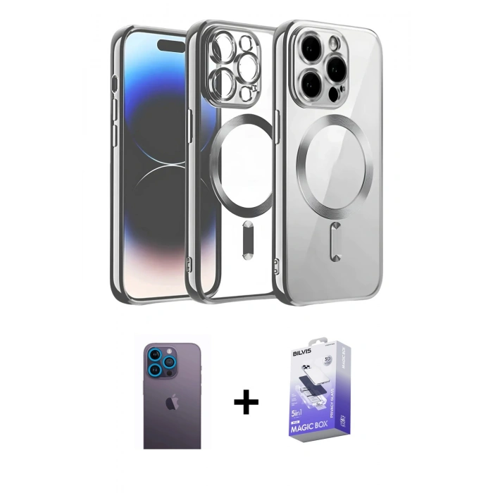ieg™ iPhone 13 Pro Max Kılıf Nova Işık Özel Seri - Siyah Bilvis 5in1 5D Magic Hayalet Cam Ekran Koruyucu + Mavi Neon Fosforlu Kamera Lens