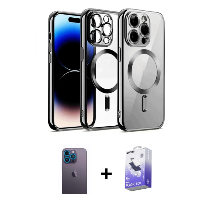 ieg™ iPhone 13 Pro Max Kılıf Nova Işık Özel Seri - Siyah Bilvis 5in1 5D Magic Hayalet Cam Ekran Koruyucu + Mavi Neon Fosforlu Kamera Lens