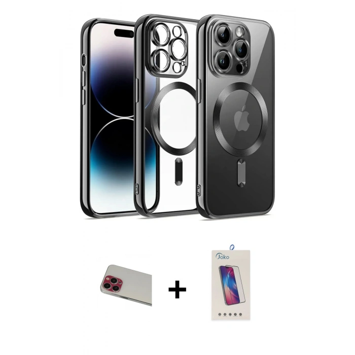 ieg™ iPhone 13 Pro Max Kılıf Nova Işık Özel Seri - Siyah Joko 5D Cam + Kırmızı Rainbow Kamera Lens Koruma Cam