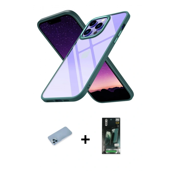 ieg™ iPhone 13 Pro Max Kılıf Nova Işık Serisi - Şeffaf 360 Full Body Arka Koruyucu + Mavi Shine Kamera Lens Koruma Cam