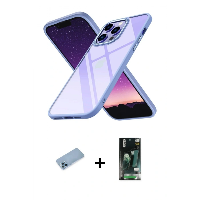 ieg™ iPhone 13 Pro Max Kılıf Nova Işık Serisi - Şeffaf 360 Full Body Arka Koruyucu + Mavi Shine Kamera Lens Koruma Cam