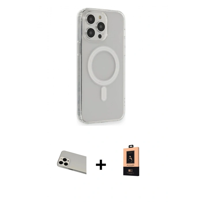ieg™ iPhone 13 Pro Max Kılıf Pusula Çizgi Koleksiyonu - Şeffaf Maxco Cam Ekran Koruyucu + Beyaz Rainbow Kamera Lens Koruma Cam