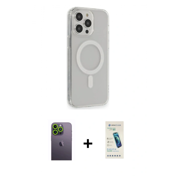 ieg™ iPhone 13 Pro Max Kılıf Pusula Çizgi Koleksiyonu - Şeffaf Pasifik Cam Ekran Koruyucu + Yeşil Neon Fosforlu Kamera Lens
