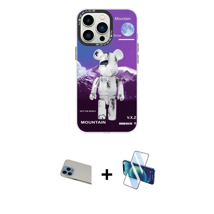 ieg™ iPhone 13 Pro Max Kılıf Siluet Çizgi Koleksiyonu - Siyah 3D Antistatik Cam Ekran Koruyucu + Mavi Rainbow Kamera Lens Koruma Cam