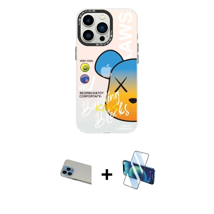 ieg™ iPhone 13 Pro Max Kılıf Siluet Çizgi Koleksiyonu - Siyah 3D Antistatik Cam Ekran Koruyucu + Mavi Rainbow Kamera Lens Koruma Cam