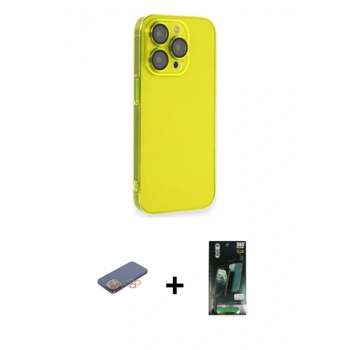 ieg™ iPhone 13 Pro Max Kılıf Siluet Minimal Özel Seri - Şeffaf 360 Full Body Arka Koruyucu + Turuncu Renkli Kamera Lens Koruma Cam