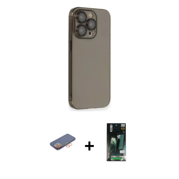 ieg™ iPhone 13 Pro Max Kılıf Siluet Minimal Özel Seri - Şeffaf 360 Full Body Arka Koruyucu + Turuncu Renkli Kamera Lens Koruma Cam