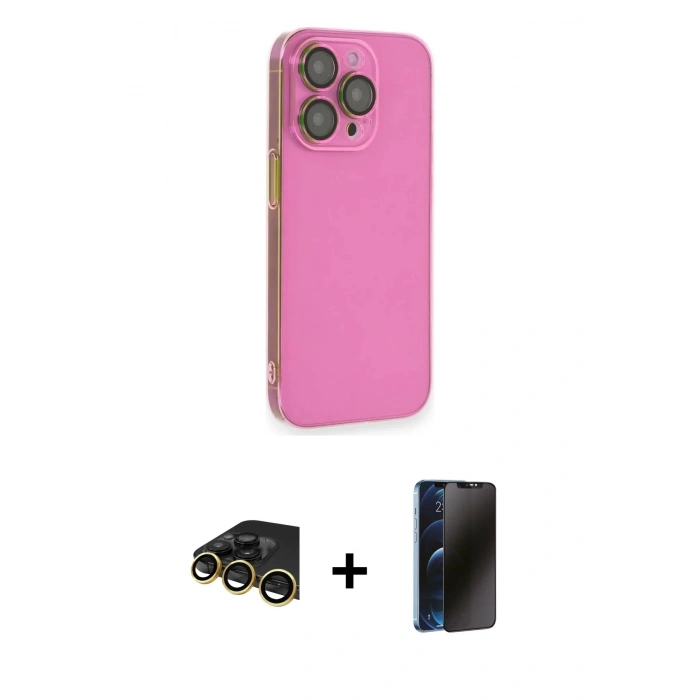 ieg™ iPhone 13 Pro Max Kılıf Siluet Minimal Özel Seri - Siyah 3D Antistatik Hayalet Cam Ekran Koruyucu + Gold Raze Metal Kamera Lens