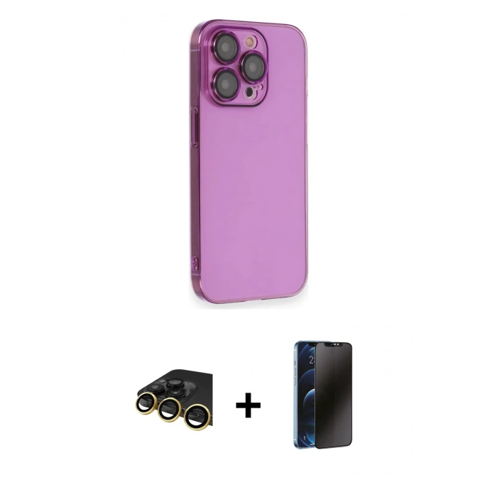 ieg™ iPhone 13 Pro Max Kılıf Siluet Minimal Özel Seri - Siyah 3D Antistatik Hayalet Cam Ekran Koruyucu + Gold Raze Metal Kamera Lens